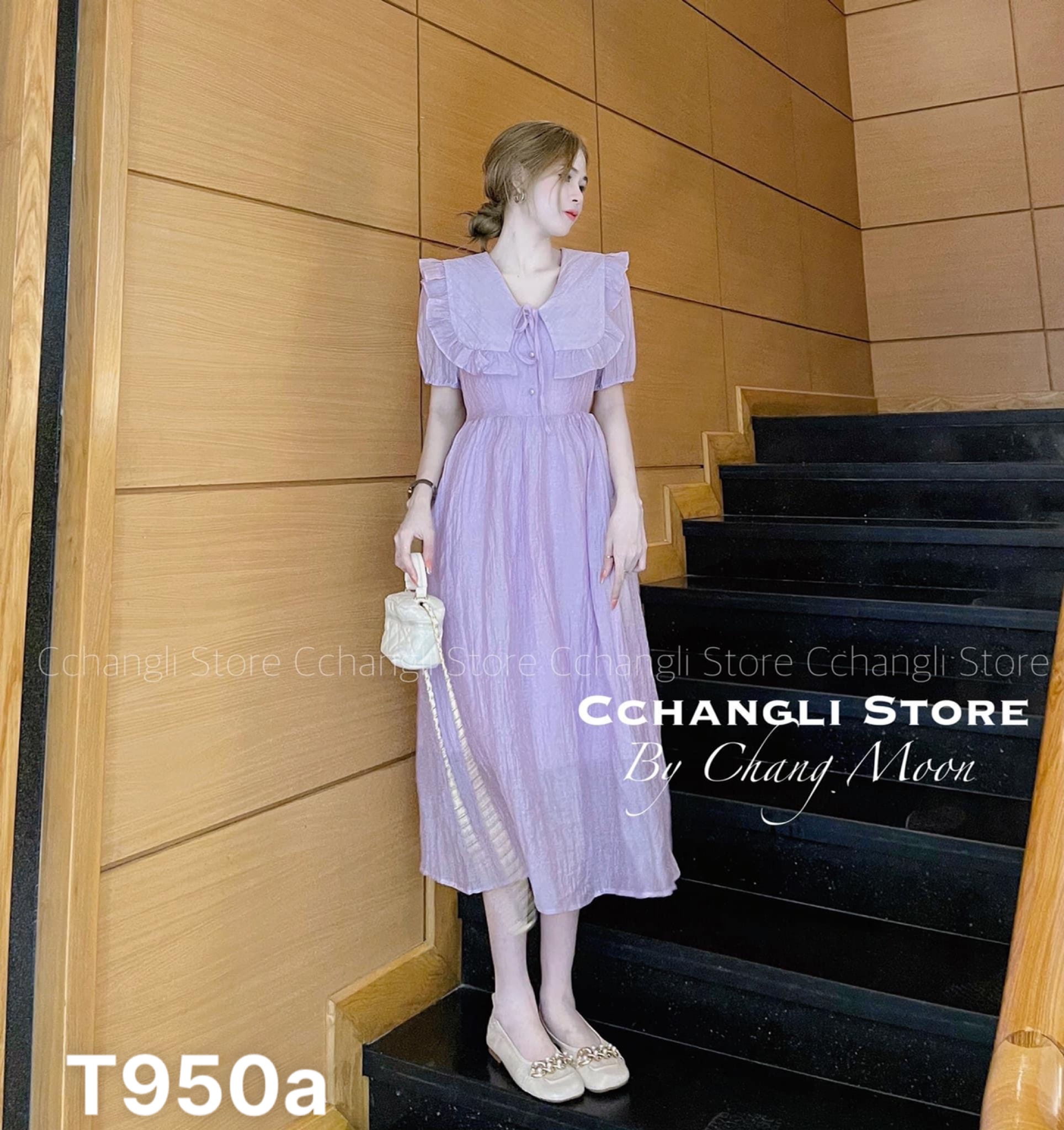 Đầm cổ bèo cột nơ maxi voan chingfon 2 lớp đi biển dạo phố T950a