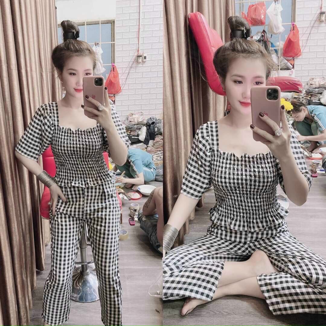 Set bộ nữ caro quần dài ống đứng áo tay lỡ cổ vuông #setbocaroquandaitaylo
