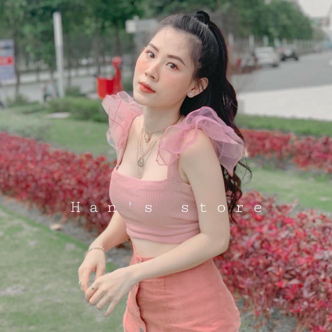 Mẫu mới áo hai dây may bèo vai form ctoptop dưới 50 kg