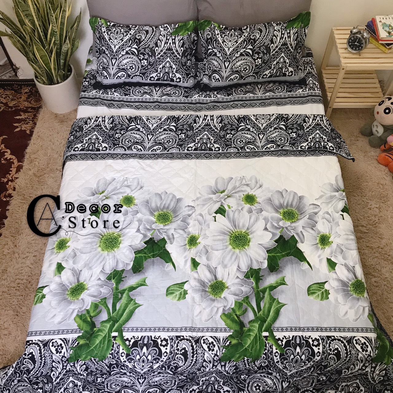 Bộ Chăn Ga Gối Cotton Poly Hoa Cúc Xanh , Chất Liệu Thoáng Mát , Kích Cỡ Đa Dạng , By. C.A Decor Store