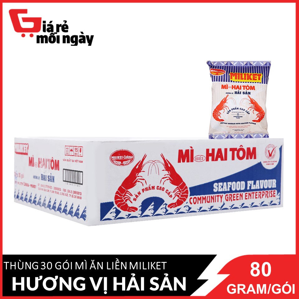 HCMNguyên thùng 30 gói Mì ăn liền Miliket Hai tôm hương vị hải sản 80gX30
