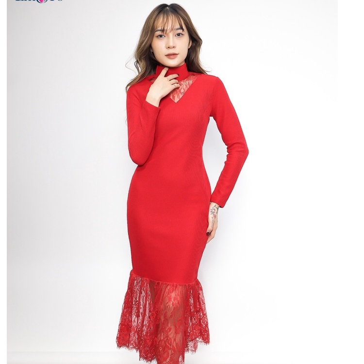 Đầm len dáng ôm emspo cổ 5f phối ren dll0005