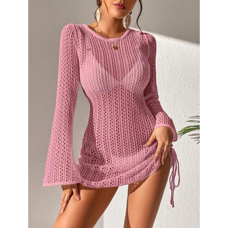 Áo lưới mặc ngoài bikini tay loe hở lưng dáng ngắn mặc 2 kiểu có dây rút form rộng mặc đi bơi đi biển