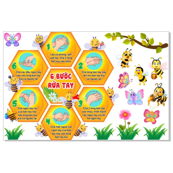 Tranh DECAL 6 BƯỚC RỬA TAY ĐÚNG CÁCH (tổ ong)