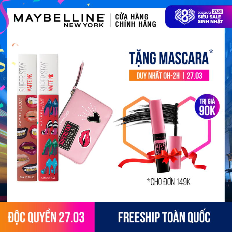 Bộ đôi son kem lì 16h lâu trôi Maybelline Superstay Matte Ink (Kèm túi xinh xắn) - Phiên bản giới hạn