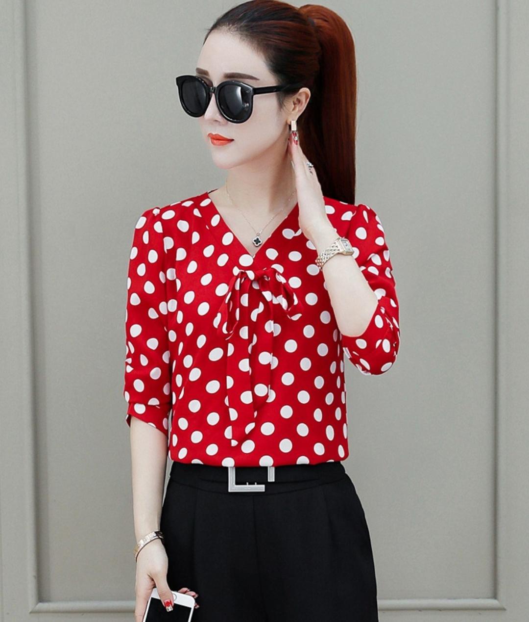 Áo sơ mi nữ chấm bi cổ V thắt nơ