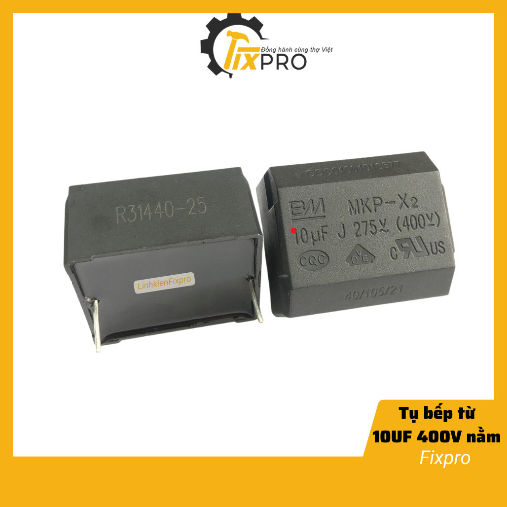 Tụ bếp từ 10uf 275vac 400vdc nằm màu đen chính hãng bm - fixpro