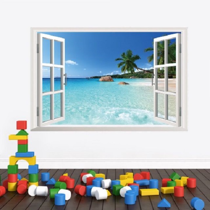 [HCM]Decal dán tường hình cửa sổ bãi biển
