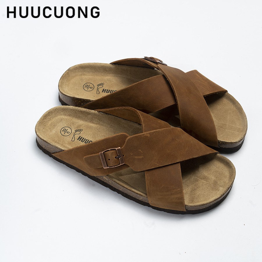 Dép nam HuuCuong quai chéo khóa da bò nâu đế trấu handmade