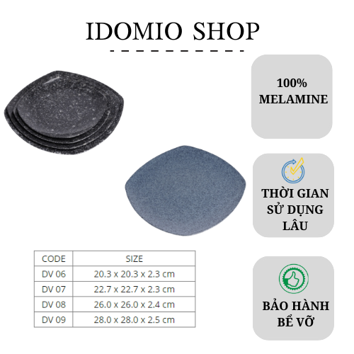 Dĩa Nhựa Melamine Vuông Vân Đá Đen/Xanh