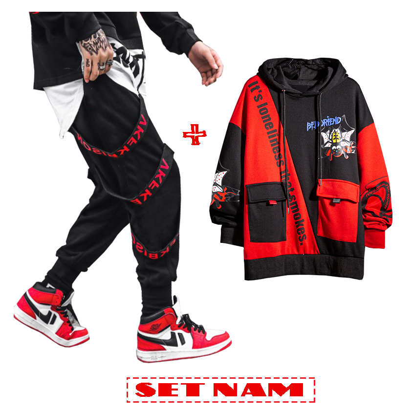 Bộ Đồ Thun Nam Áo Hoodies Túi Hộp BF.BORFEND In Hình Nhện Kết Hợp Quần Jogger Phối Dây Chữ Trẻ Trung Thời Trang FASHION4MENHCM SET 9000088C