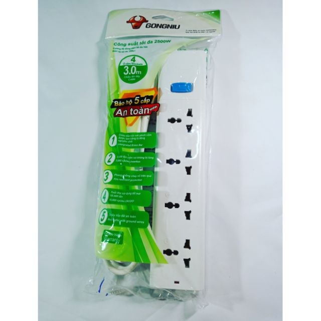 [HCM]Ổ cắm điện chống sét Gongniu 3m (4 ổ 3 1 công tắc)