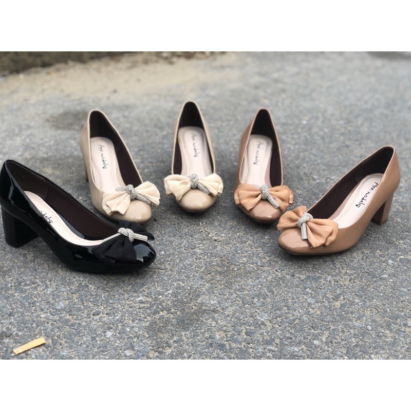 Giày cao gót nữ 5 phân mũi vuông Annmodels gót vuông phối nơ đá cao cấp _A893NDXB