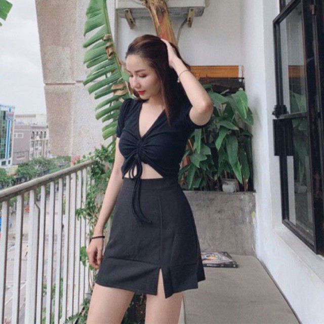 [HCM][HÌNH THẬT] ÁO THUN CROPTOP ÔM BODY RÚT DÂY TRƠN BASIC 43