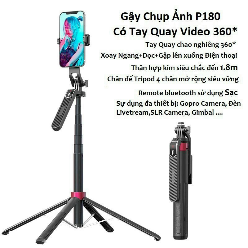 Gậy Chụp Hình Selfie Có Chống Rung, Siêu Dài, Quay Video Livestream, Tiktok Video, Chụp Toàn Cảnh 360, Có Điều Khiển Bluetooth