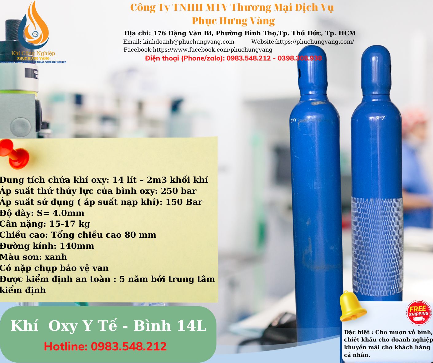 BÌNH KHÍ OXY Y TẾ 14 LÍT - BAO GỒM BÌNH VÀ KHÍ
