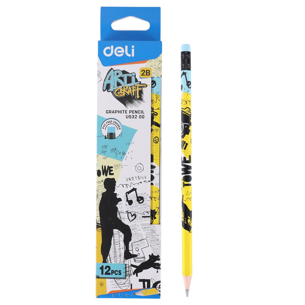 3 cây bút chì gỗ 2b - deli eu53200, hoạ tiết graphite
