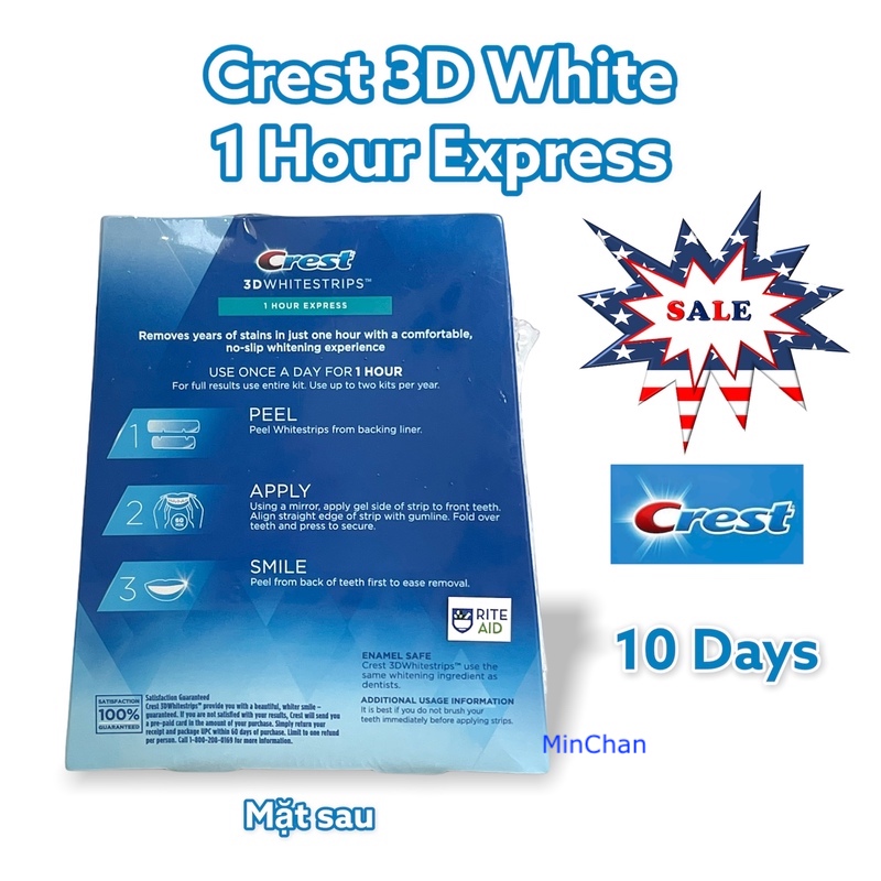 Miếng dán trắng răng cấp tốc trong 1 giờ siêu mạnh Crest 3D White 1-Hour Express USA