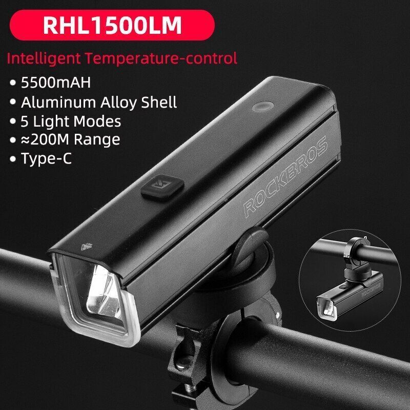 Đèn xe đạp rockbros 1500lm đèn thông minh 5 chế độ chống nước có thể sạc lại type-c đèn pha xe đạp 5500mah cảm giác phụ kiện xe đạp an toàn