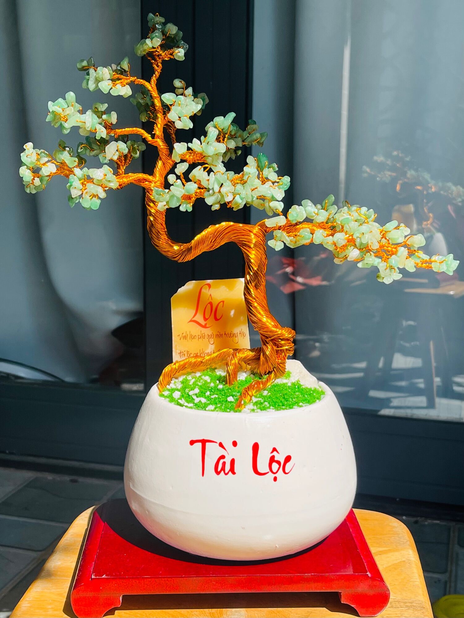Cây tài lộc đá thạch anh xanh / aven cao 37 cm ngang 23 cm