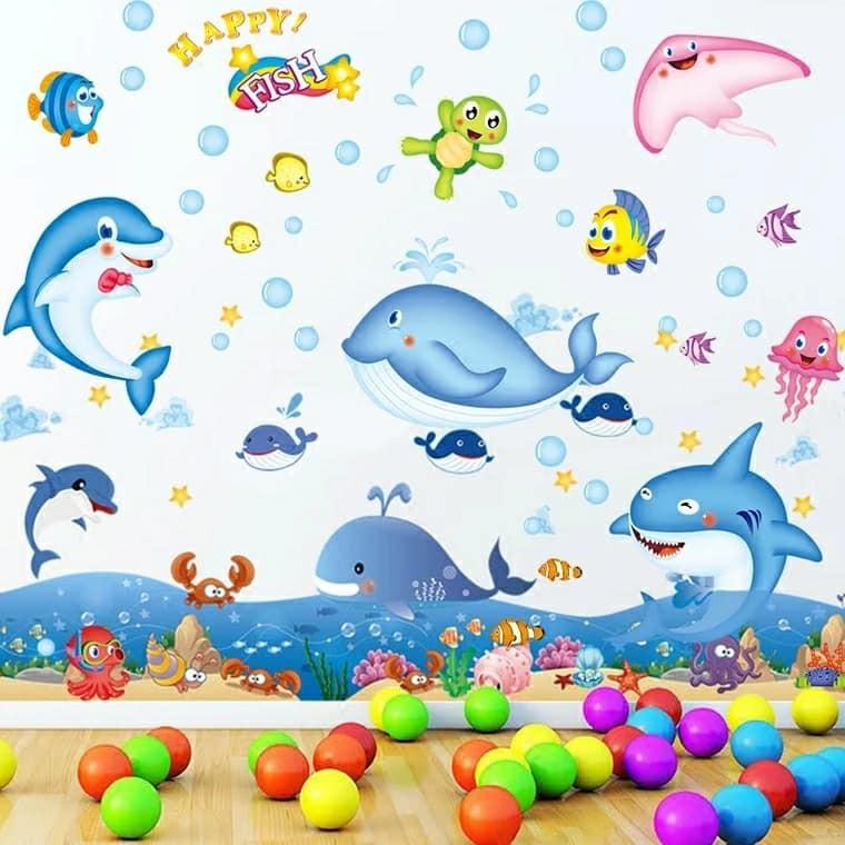 combo 2 bức decal dán tường mẫu cá heo biển cả