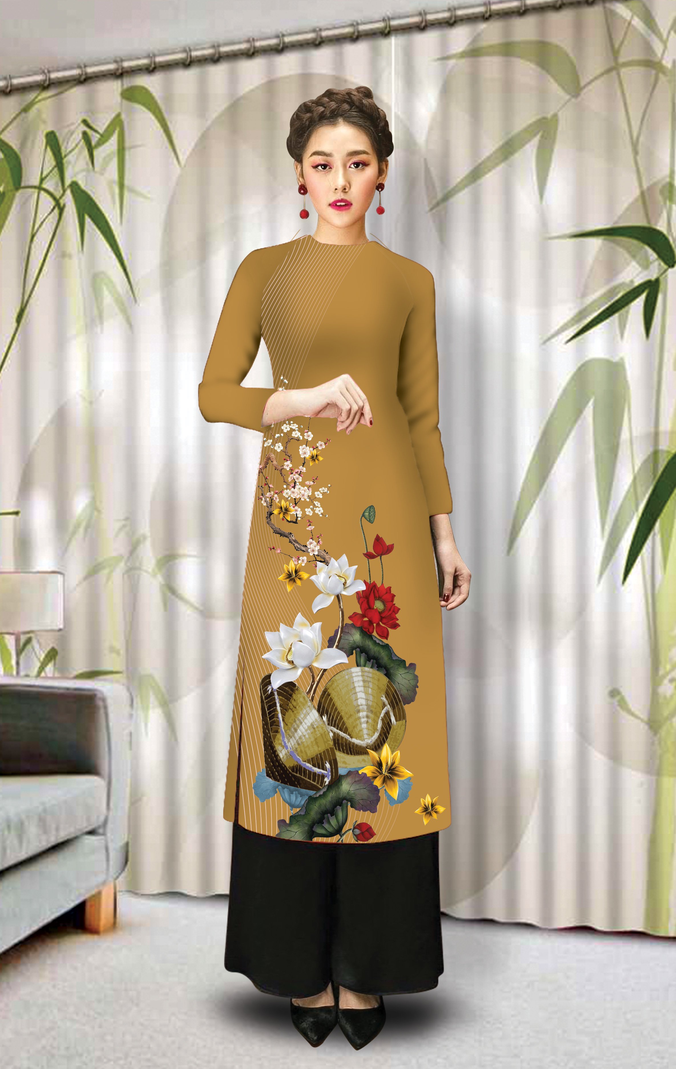 ÁO DÀI CÁCH TÂN IN NÓN LÁ VN CAO CẤP - KHÔNG KÈM QUẦN