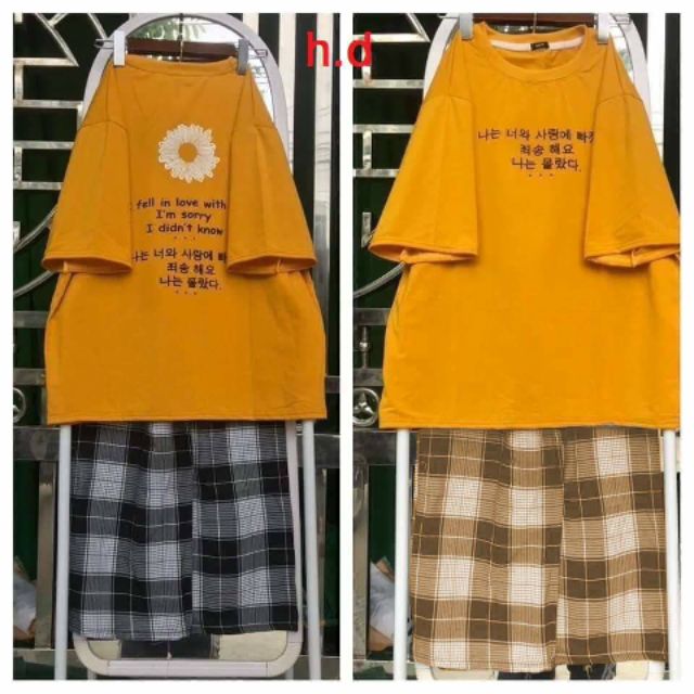 Sét áo phông Hoa cúc chữ Hàn + quần kẻ . Áo thun nam nữ, quần kaki, quần nữ, sét bộ mặc ở nhà, áo thun tay dài, quần jean ống rộng