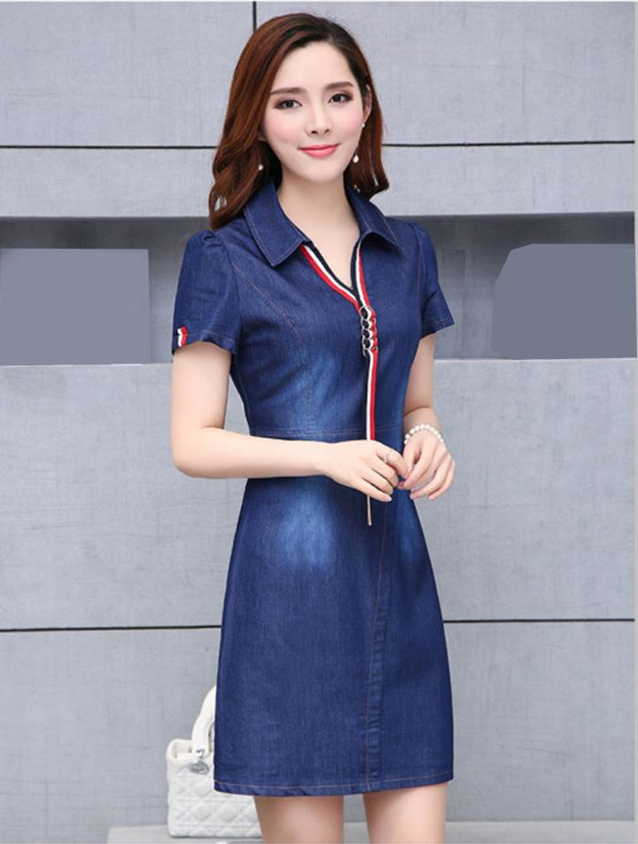 Đầm Jean Nữ Phối Sọc Cổ Sơ Mi Thời Trang