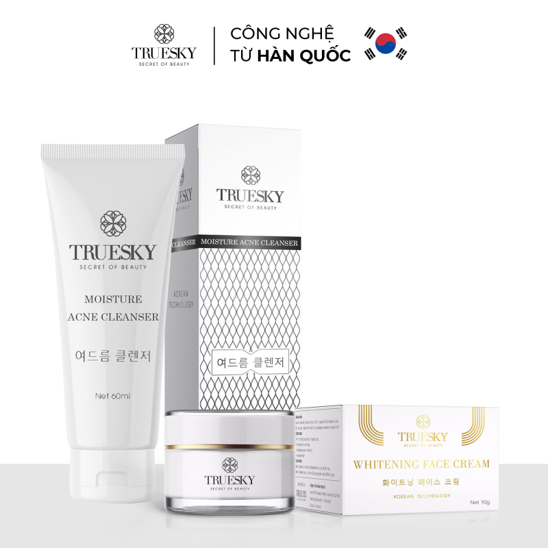 Bộ sản phẩm Truesky gồm 1 sữa rửa mặt than hoạt tính giúp ngừa mụn 60ml 1 kem dưỡng trắng da mặt giúp thu nhỏ lỗ chân lông làm da trắng mịn 10g