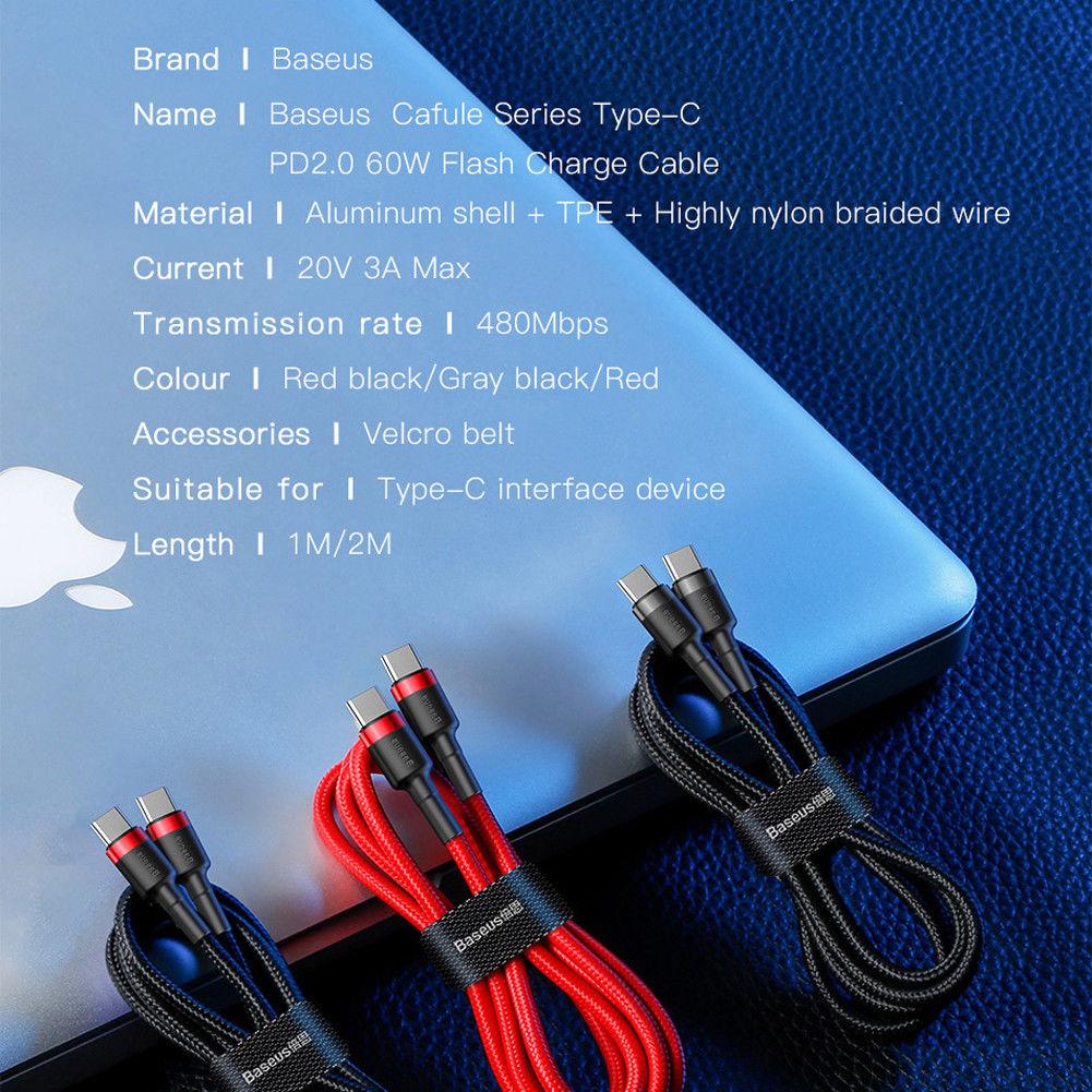 Cáp sạc nhanh Dài 1M truyền Data tốc độ cao Baseus Cafule C to C cho Smartphone/ Tablet / Macbook/ Laptop Type C (3A, 60W, Power Delivery, QC3.0 Quick Charge Cable)
