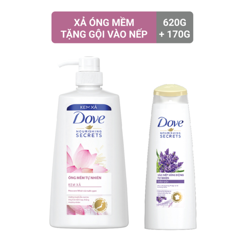 Kem xả Dove Óng mềm tự nhiên 620g + tặng kèm Dầu gội Dove Vào nếp sống động 170g cao cấp
