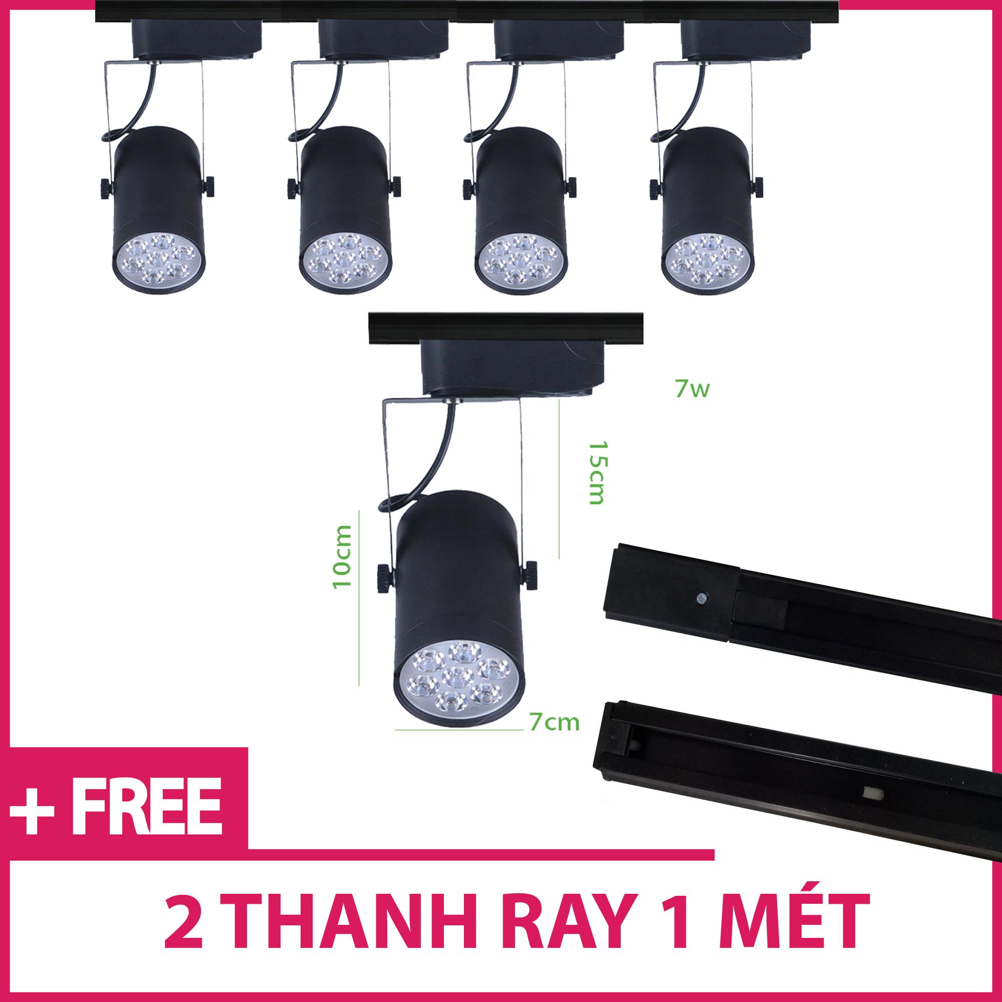 Bộ 5 đèn led rọi thanh ray 7w vỏ đen ánh sáng trắng /vàng và 2 thanh ray 1 mét màu đen