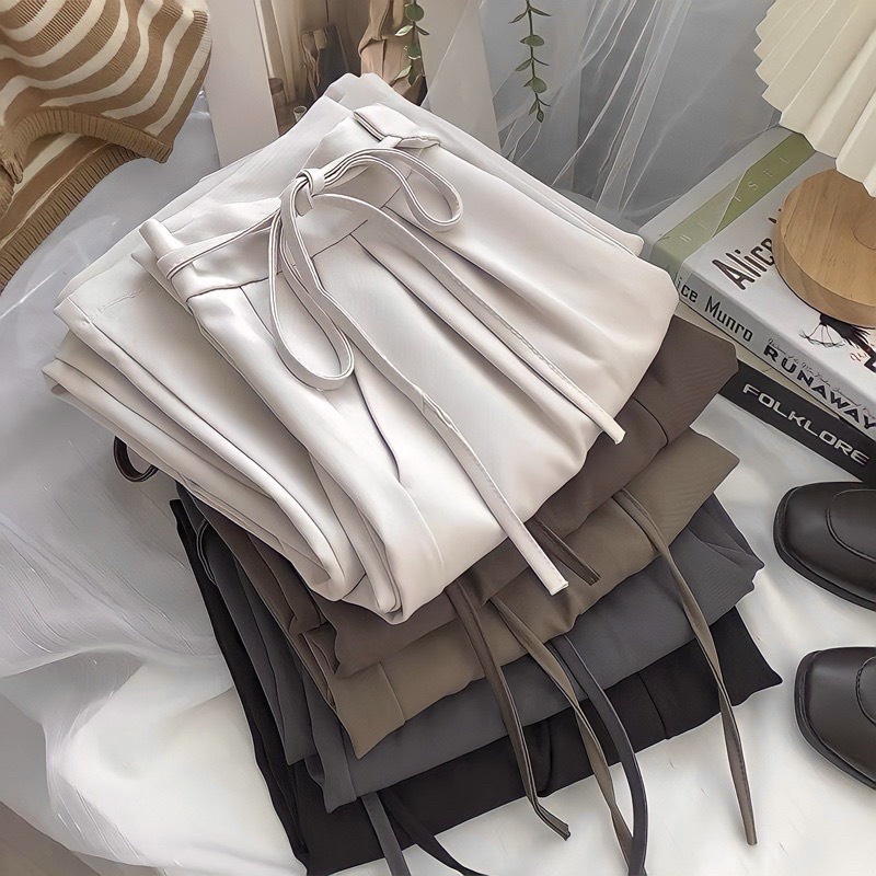 Quần ống rộng nữ lưng cao thắt dây nơ 1 bên quần culottes ống suông công sở dáng dài nhiều màu mặc đi học làm