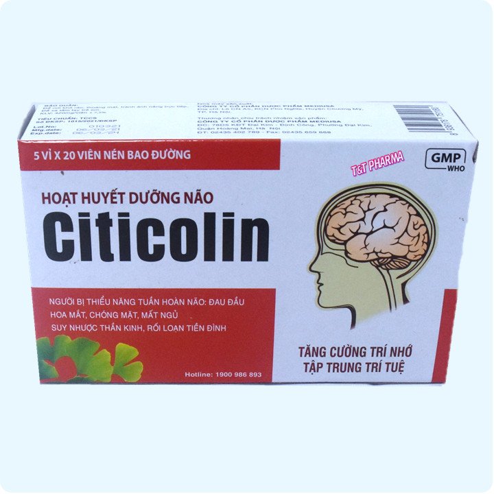 Hoạt Huyết Dưỡng Bão Citicolin Giảm Đau Đầu, Hoa Mắt, Chóng Mặt -Giúp Tăng Cường Tuần Hoàn Máu Não- Hộp 100 viên