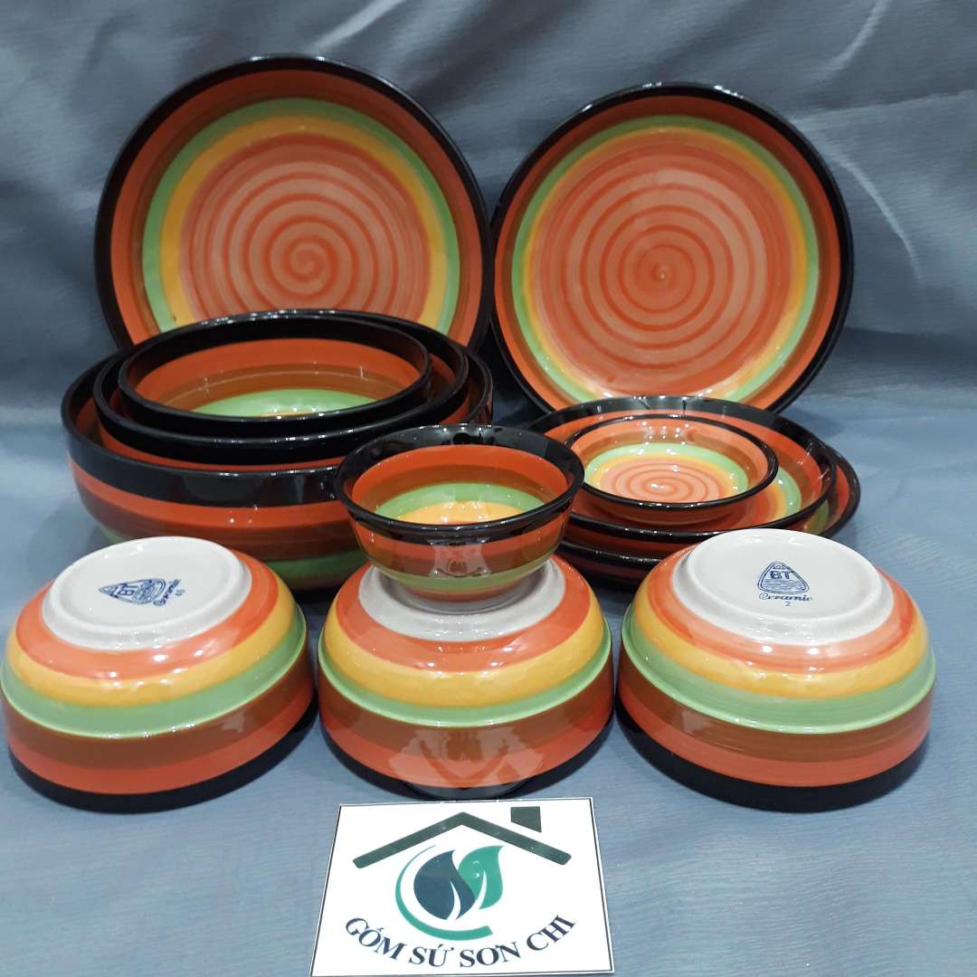 Bộ 12 món gốm sứ tô chén dĩa cầu vòng (gồm 3 chén cơm, 4 size dĩa, 3 size tô, 1 tương, 1 chấm)