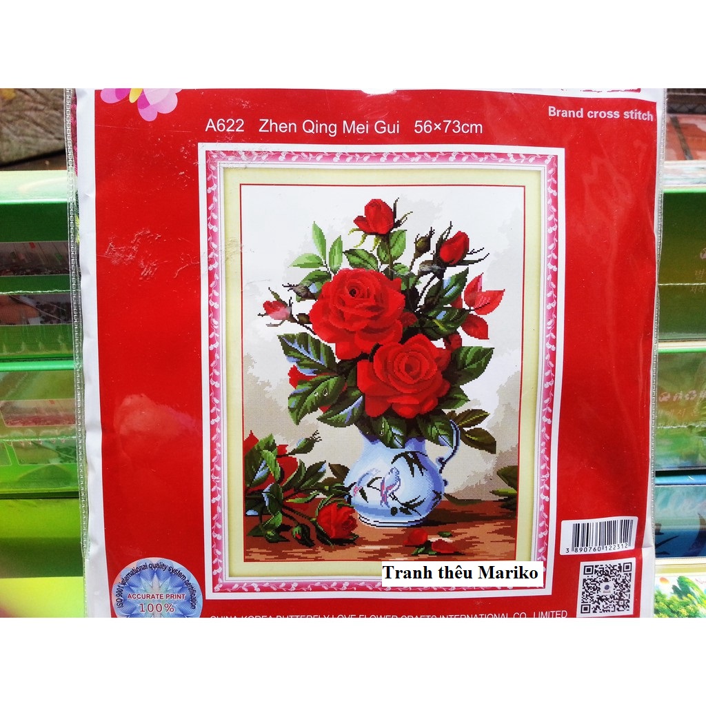 Tranh thêu bình hoa hồng a622 kích thước 56 x 73 cm
