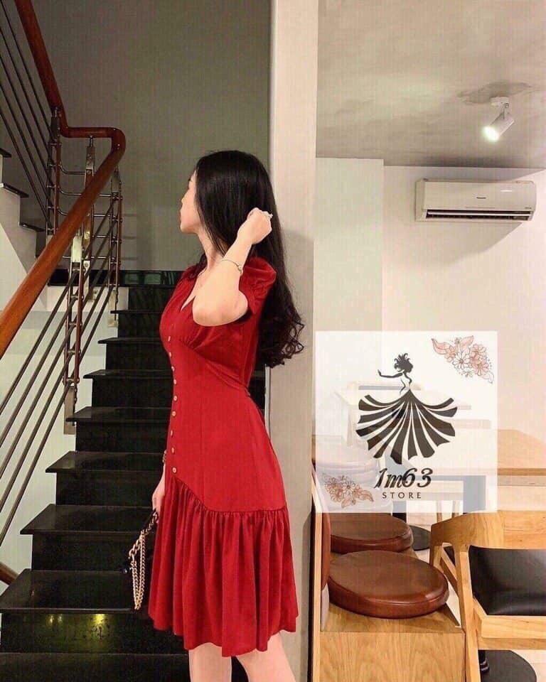 Đầm suông kiểu xếp ly đuôi cá cổ V chất kate lụa màu đỏ