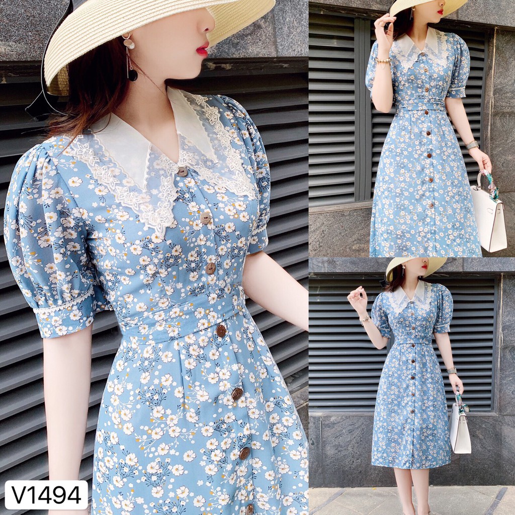 Váy hoa nhí xanh cổ ren trắng phong cách Vintage thanh lịch chất vải Mango  thoáng mát  có Bigsize 4270kg  Lazadavn