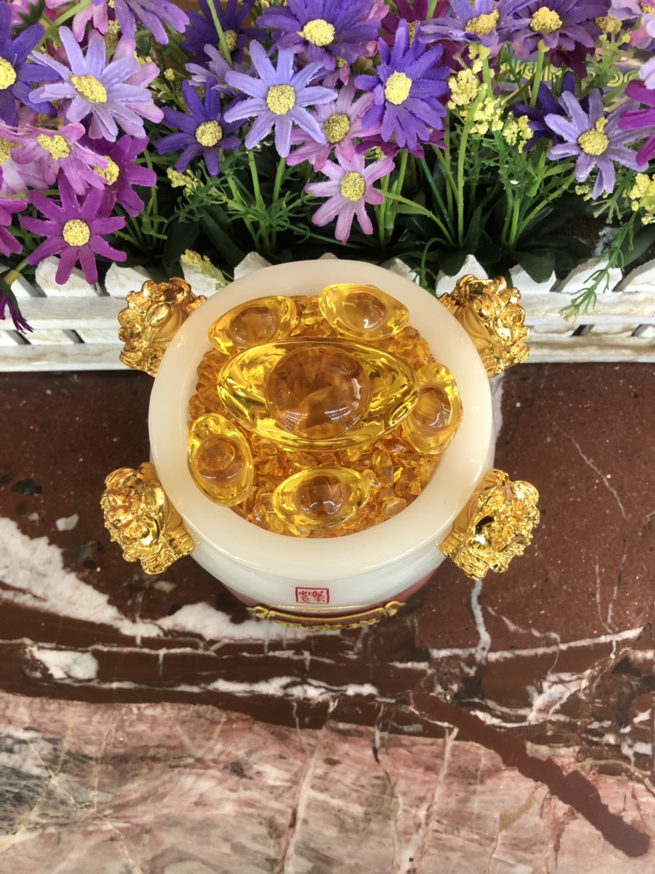 Hủ vàng, Bát Tụ Bảo, Bát tụ tài phong thủy đá bạch ngọc chiêu nạp tài lộc đặt bàn thờ thần tài thổ địa - Cao 15 cm