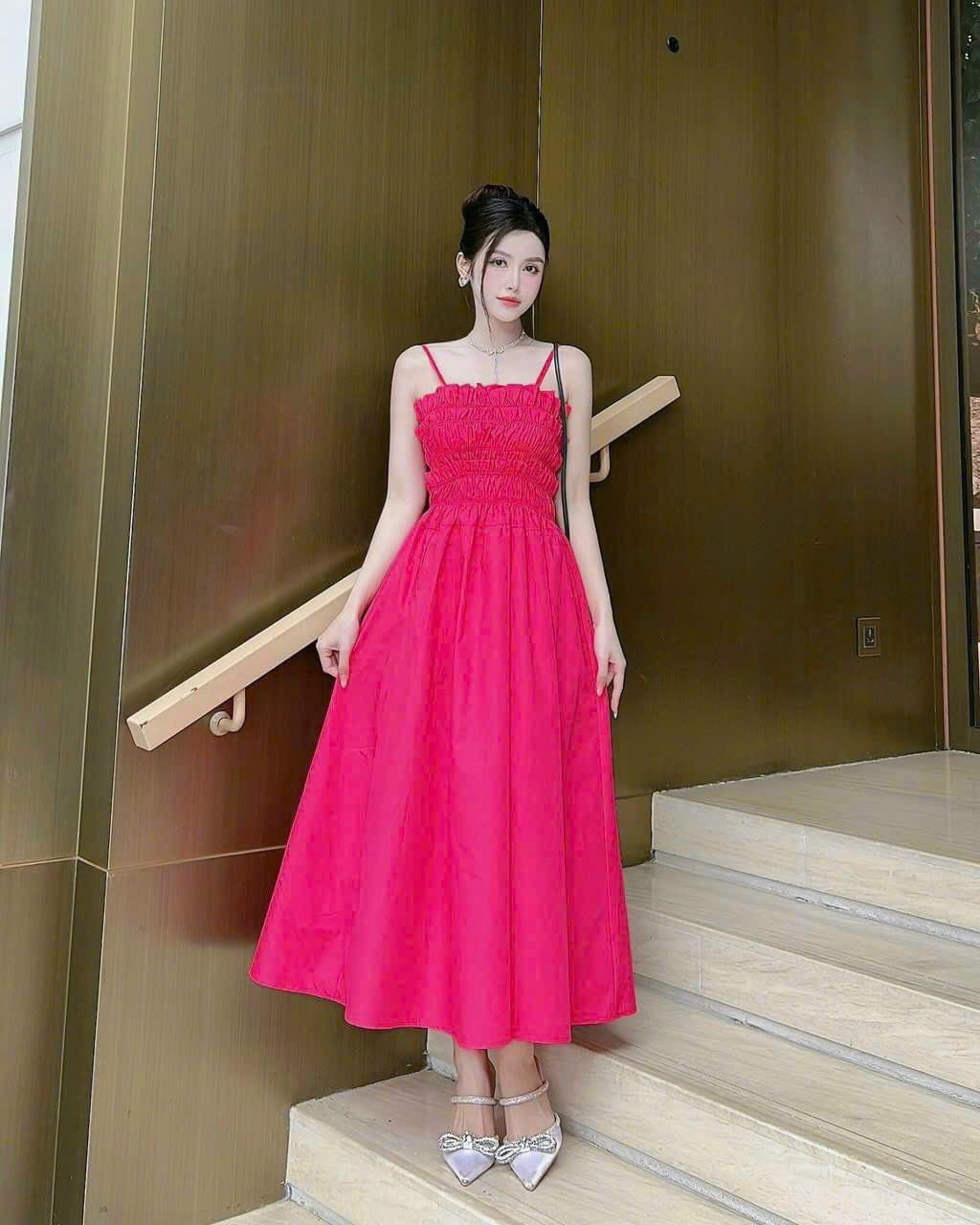 Đầm xòe hai dây mocking buộc nơ lưng