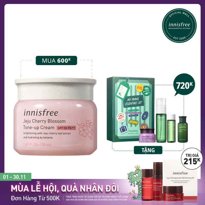 Kem dưỡng ẩm làm sáng chống nắng cho da innisfree Jeju Cherry Blossom Tone-up cream SPF30 PA++ 50ml giá rẻ