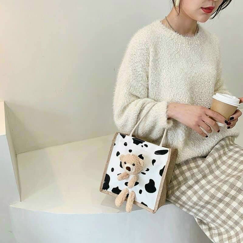 Túi cói kèm gấu tendy mini size 20*22cm-túi gv