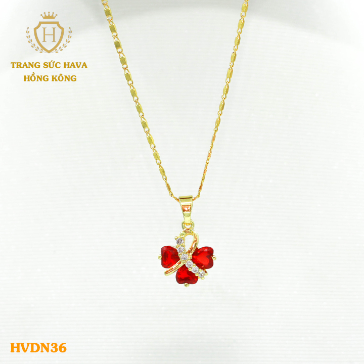 Vòng Cổ, Dây Chuyền Nữ Mặt Trái Tim Cách Điệu Đính Đá (Màu Đỏ) Phong Cách Trẻ Trung, Titan Xi Mạ Vàng Non 10k, 18k, 24k Thật Cao Cấp (Không Bị Đen) - Trang Sức Hava Hong Kong