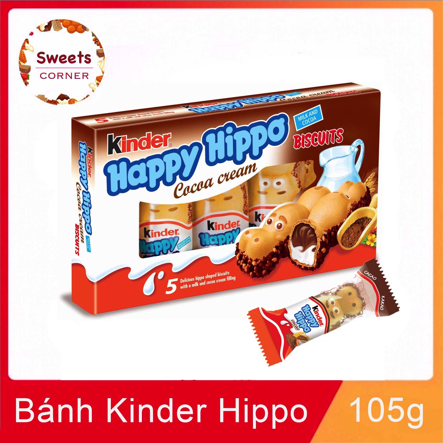 Bánh socola Kinder Happy Hippo Cacao hộp 103g 5 bánh