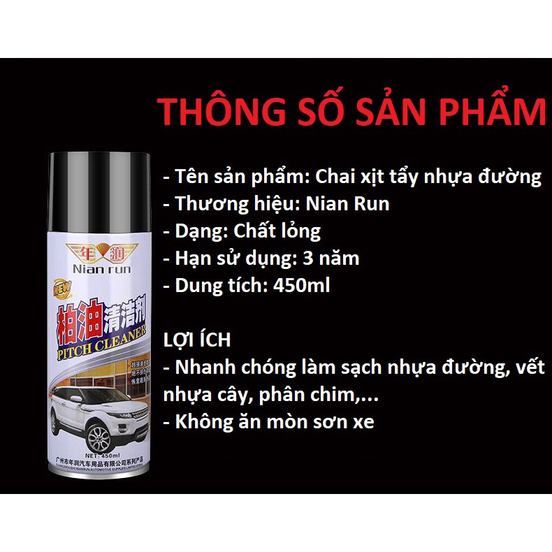 [HCM]Chai xịt tẩy nhựa đường bình xịt tẩy nhựa đường chuyên dụng Nian Run dung tích 450ml làm sạch các bề mặt sơn kính kim loại của xe hơi