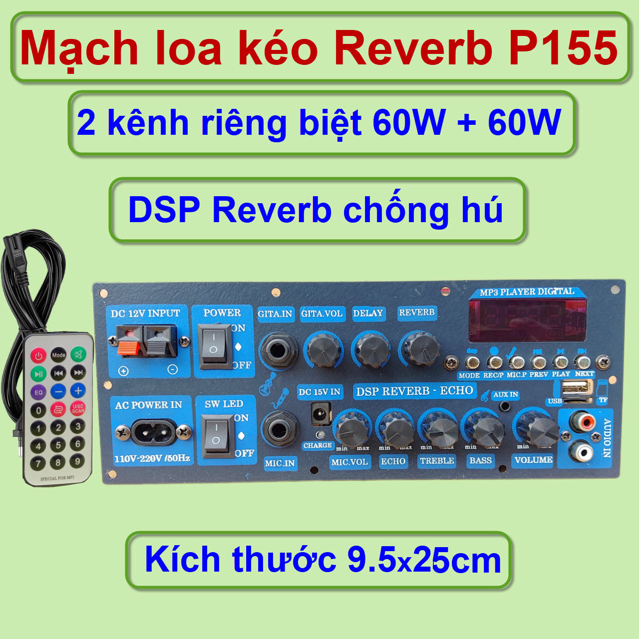 Mạch loa kéo Reverb P155 2 kênh riêng biệt 60W*2 có nguồn xung 220V