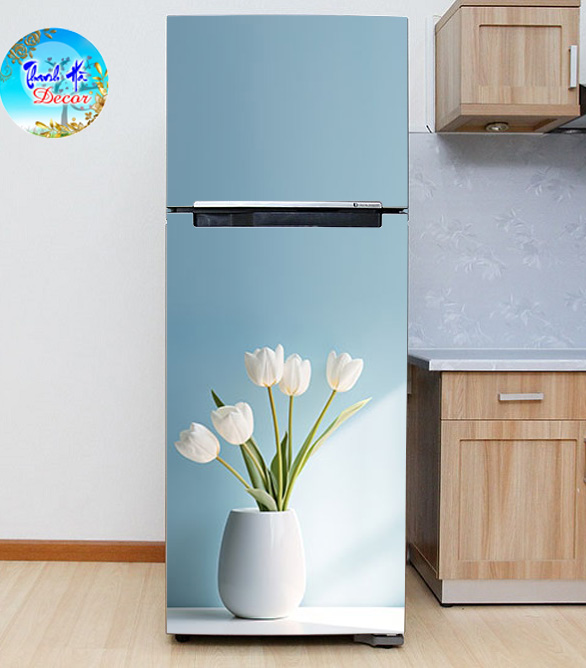 Decal dán Tủ Lạnh bình hoa tulip 3d chất liệu cao cấp