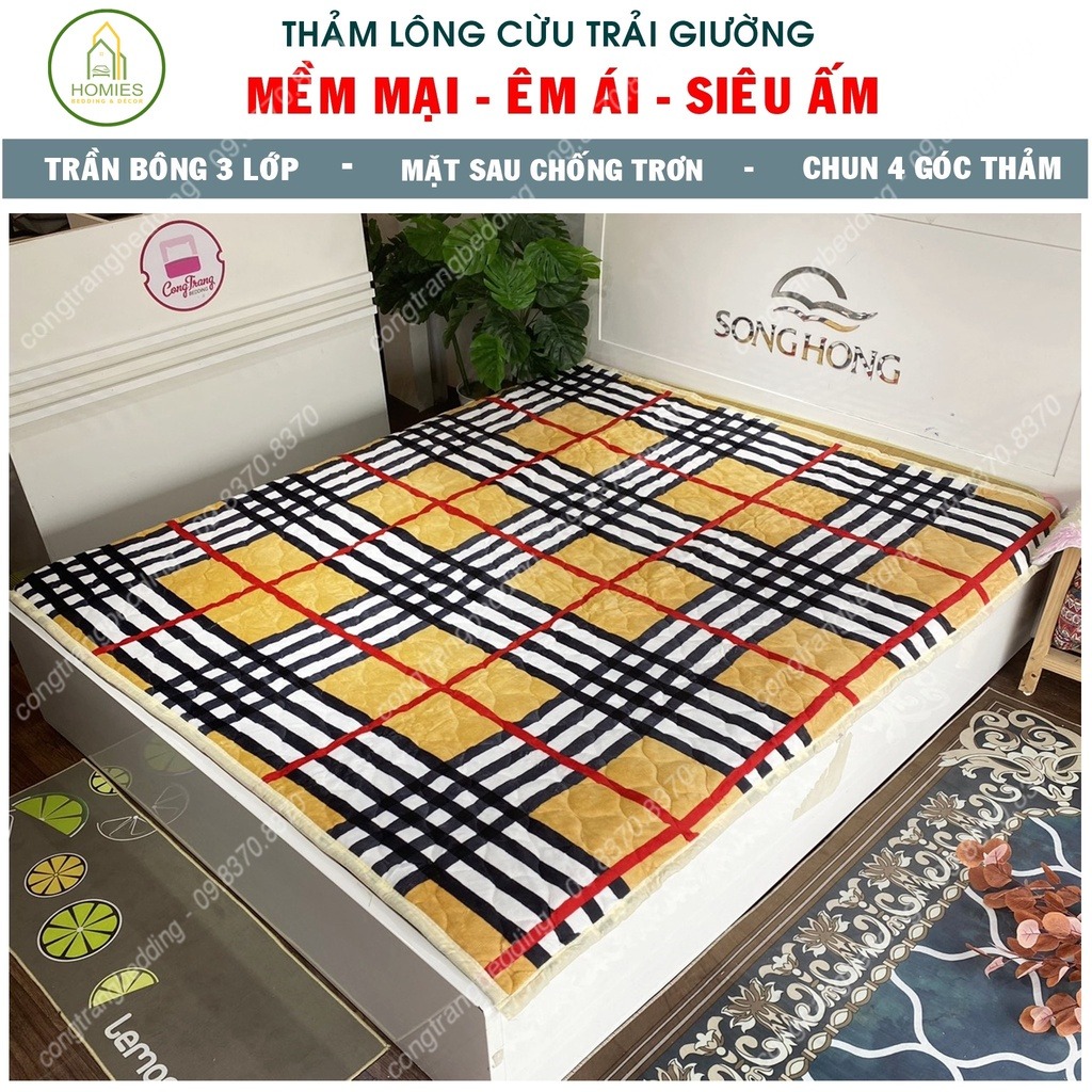 Thảm Lông Cừu Trải Giường Họa Tiết Siêu Ấm mẫu Kẻ BBR (Chất Liệu Bông Trắng - Giặt Máy Thoải Mái)