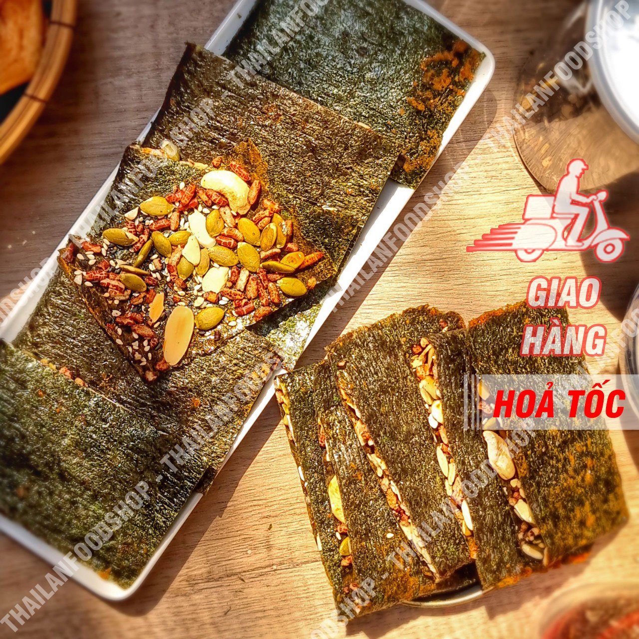 Rong biển chế biến sẵn ăn liền: rong biển tỏi - rong biển buộn mè - rong biển kẹp hạt dinh dưỡng - rong biển trứng muối