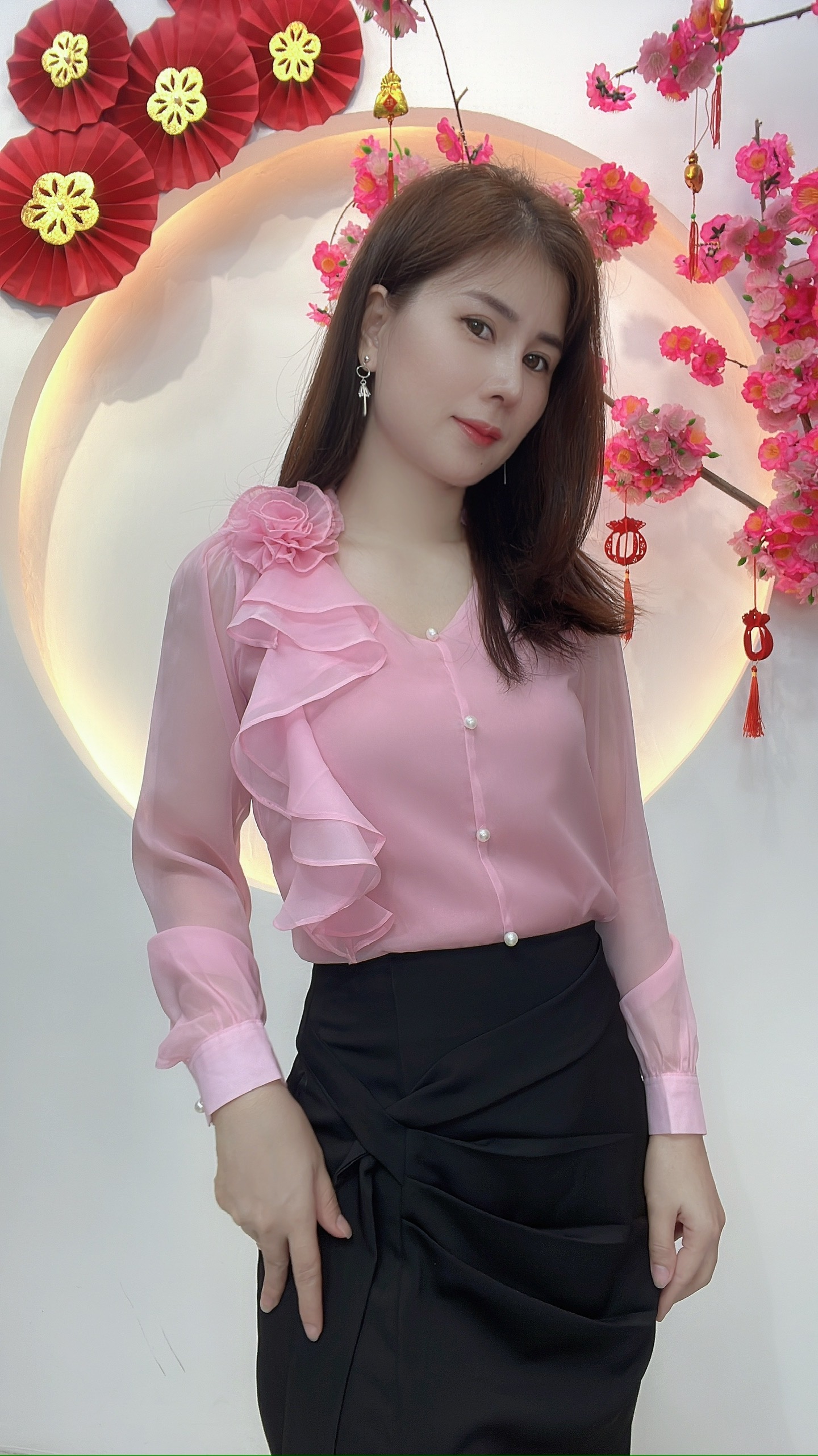 AN33- ÁO KIỂU CÔNG SỞ TAY DÀI BÈO HOA